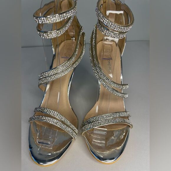 Ankle Strap Open Toe Rhinestone Stiletto Heels - Picture 2 of 11